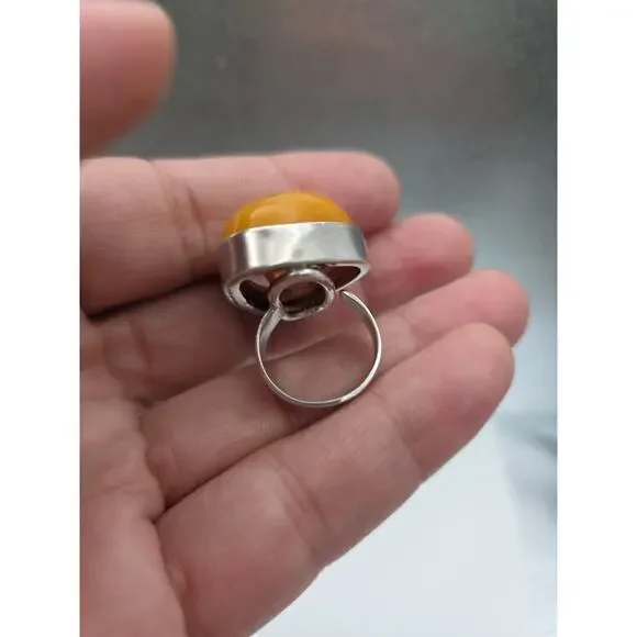 Vintage Sterling Silver 925 Egg Yolk Butterscotch Ring Amber Adjustable Size 9